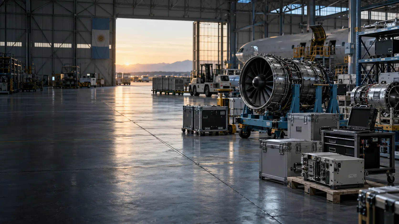 Material aeronáutico organizado dentro de un hangar